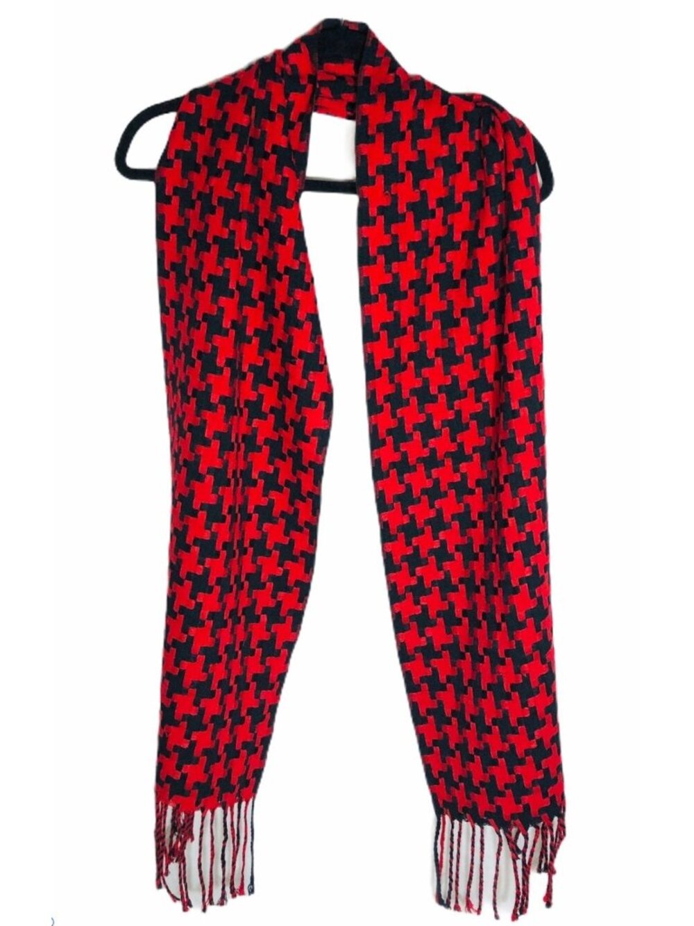 Fair weather scarf wrap red black graphic tassels acrylic 80X12" READ